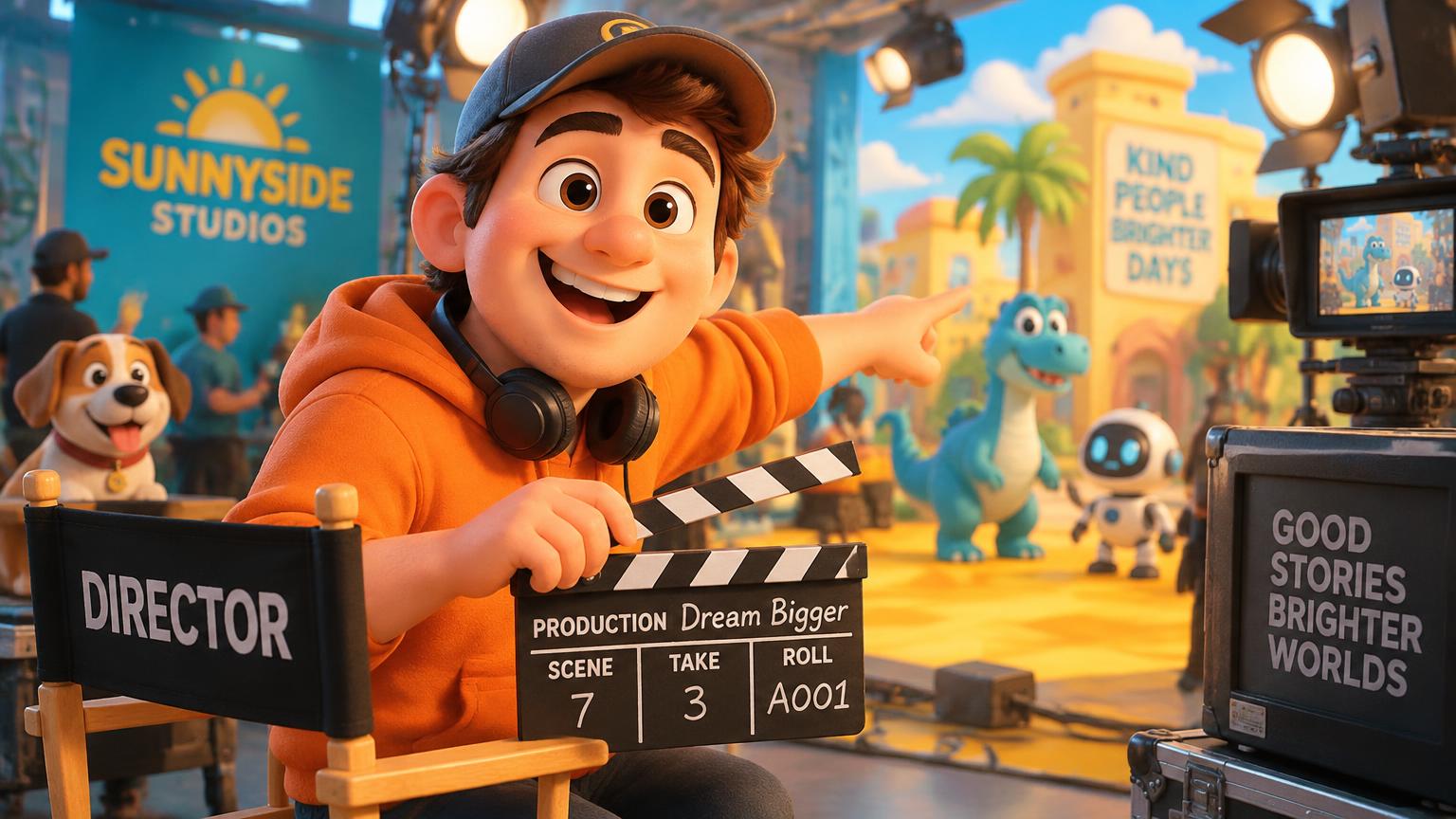 Cartoon director on a colorful animation set
